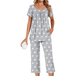image:imagePOPYOUNG Pajamas for Women Set 2 Piece Summer Lounge Capri Pj Sleepwear  Womens Pajamas Sets Lounge Set Nightwear Comfy for Daily Wear Outfits with Pockets Cooling Pajamas Capri Set for Summer Fall02pjfl Pink Star