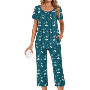 image:imagePOPYOUNG Pajamas for Women Set 2 Piece Summer Lounge Capri Pj Sleepwear  Womens Pajamas Sets Lounge Set Nightwear Comfy for Daily Wear Outfits with Pockets Cooling Pajamas Capri Set for Summer FallBlue Butterfly