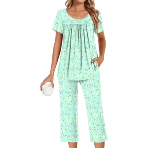 image:imagePOPYOUNG Pajamas for Women Set 2 Piece Summer Lounge Capri Pj Sleepwear  Womens Pajamas Sets Lounge Set Nightwear Comfy for Daily Wear Outfits with Pockets Cooling Pajamas Capri Set for Summer Fall01colorful Green Butterfly