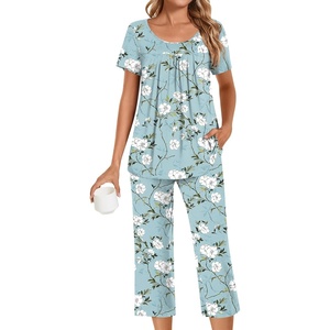 image:imagePOPYOUNG Pajamas for Women Set 2 Piece Summer Lounge Capri Pj Sleepwear  Womens Pajamas Sets Lounge Set Nightwear Comfy for Daily Wear Outfits with Pockets Cooling Pajamas Capri Set for Summer Fall04begonia Flower