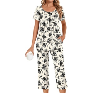 image:imagePOPYOUNG Pajamas for Women Set 2 Piece Summer Lounge Capri Pj Sleepwear  Womens Pajamas Sets Lounge Set Nightwear Comfy for Daily Wear Outfits with Pockets Cooling Pajamas Capri Set for Summer FallBlack Fl Rose