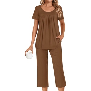 image:imagePOPYOUNG Pajamas for Women Set 2 Piece Summer Lounge Capri Pj Sleepwear  Womens Pajamas Sets Lounge Set Nightwear Comfy for Daily Wear Outfits with Pockets Cooling Pajamas Capri Set for Summer FallBrown