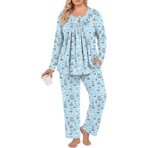 image:imagePOPYOUNG Plus Size Womens Pajama Set 2 Piece Fall Outfits Pjs  Ladies Pj Set  Winter Lounge  Casual Sleepwear  Side Pockets  Button DownLighe Blue Sailboat