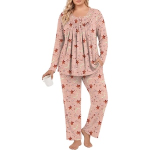 image:imagePOPYOUNG Plus Size Womens Pajama Set 2 Piece Fall Outfits Pjs  Ladies Pj Set  Winter Lounge  Casual Sleepwear  Side Pockets  Button DownRed StarMoon
