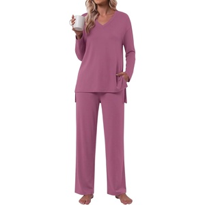 image:imagePOPYOUNG Womens Pajama Sets 2 Piece Lounge Sleepwear with Pockets Outfits  Fall Long Sleeve Pajamas Comfy V Neck Top and Long Pant Winter Pj Loose Fit Nightwear Travel Cruise Vacation PostpartumPurple Red