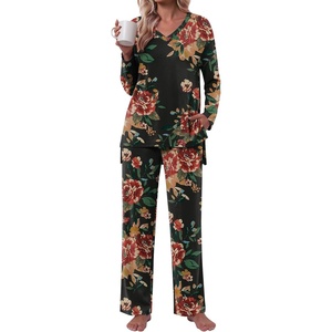 image:imagePOPYOUNG Womens Pajama Sets 2 Piece Lounge Sleepwear with Pockets Outfits  Fall Long Sleeve Pajamas Comfy V Neck Top and Long Pant Winter Pj Loose Fit Nightwear Travel Cruise Vacation PostpartumBrown Floral Black
