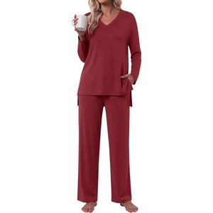 image:imagePOPYOUNG Womens Pajama Sets 2 Piece Lounge Sleepwear with Pockets Outfits  Fall Long Sleeve Pajamas Comfy V Neck Top and Long Pant Winter Pj Loose Fit Nightwear Travel Cruise Vacation PostpartumWine Red