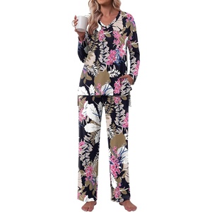 image:imagePOPYOUNG Womens Pajama Sets 2 Piece Lounge Sleepwear with Pockets Outfits  Fall Long Sleeve Pajamas Comfy V Neck Top and Long Pant Winter Pj Loose Fit Nightwear Travel Cruise Vacation PostpartumBrown Pink Leaves