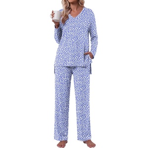 image:imagePOPYOUNG Womens Pajama Sets 2 Piece Lounge Sleepwear with Pockets Outfits  Fall Long Sleeve Pajamas Comfy V Neck Top and Long Pant Winter Pj Loose Fit Nightwear Travel Cruise Vacation PostpartumWhite Spotted Purple
