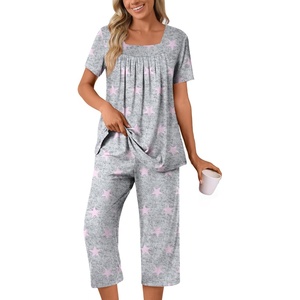 image:imagePOPYOUNG Pajama Sets for Women 2 piece Lounge Summer Capri Comfy Sleepwear02pink Star Grey