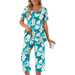 image:imagePOPYOUNG Pajama Sets for Women 2 piece Lounge Summer Capri Comfy Sleepwear03blue White Freesias
