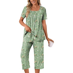 image:imagePOPYOUNG Pajama Sets for Women 2 piece Lounge Summer Capri Comfy Sleepwear04floral Mix Green