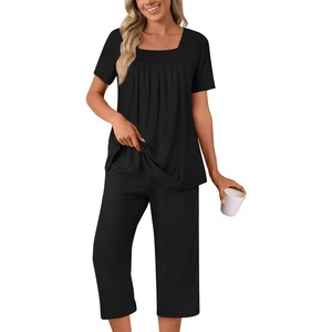 image:imagePOPYOUNG Pajama Sets for Women 2 piece Lounge Summer Capri Comfy SleepwearBlack