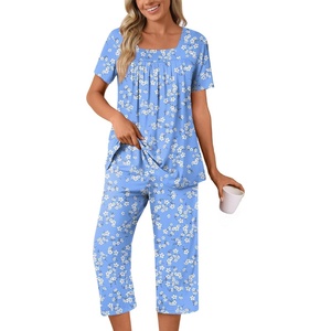 image:imagePOPYOUNG Pajama Sets for Women 2 piece Lounge Summer Capri Comfy SleepwearFloral Light Blue