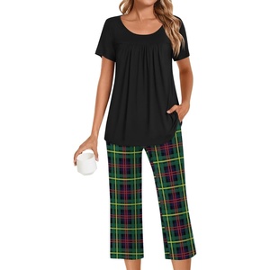 image:imagePOPYOUNG Pajamas for Women Set 2 Piece Summer Lounge Capri Pj SleepwearBlack  Green Plaid 01