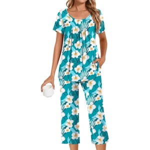 image:imagePOPYOUNG Pajamas for Women Set 2 Piece Summer Lounge Capri Pj SleepwearBluewhite Freesias