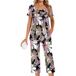 image:imagePOPYOUNG Pajamas for Women Set 2 Piece Summer Lounge Capri Pj SleepwearBrown Pink Leaf