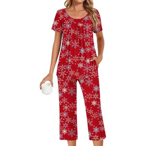 image:imagePOPYOUNG Pajamas for Women Set 2 Piece Summer Lounge Capri Pj SleepwearChristmas Snow Red