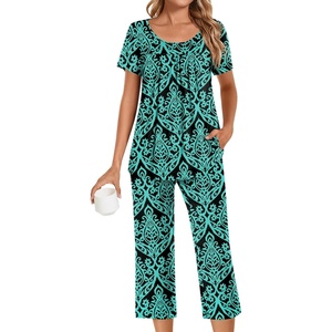image:imagePOPYOUNG Pajamas for Women Set 2 Piece Summer Lounge Capri Pj SleepwearFl BlueGreen
