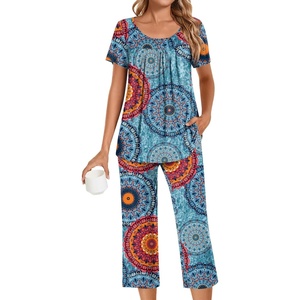 image:imagePOPYOUNG Pajamas for Women Set 2 Piece Summer Lounge Capri Pj SleepwearFl Mixed Blue