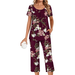 image:imagePOPYOUNG Pajamas for Women Set 2 Piece Summer Lounge Capri Pj SleepwearFloral Wine