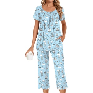 image:imagePOPYOUNG Pajamas for Women Set 2 Piece Summer Lounge Capri Pj SleepwearLighe Blue Sailboat