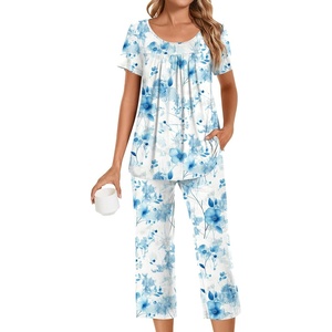 image:imagePOPYOUNG Pajamas for Women Set 2 Piece Summer Lounge Capri Pj SleepwearLight Blue Floral
