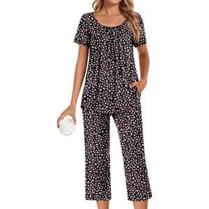 image:imagePOPYOUNG Pajamas for Women Set 2 Piece Summer Lounge Capri Pj SleepwearLittle Flower Black