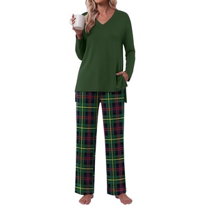 image:imagePOPYOUNG Womens Pajama Sets 2 Piece Lounge Set Sleepwear with PocketsArmy Green  Green Plaid 01