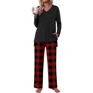 image:imagePOPYOUNG Womens Pajama Sets 2 Piece Lounge Set Sleepwear with PocketsBlack  Red Plaid 02