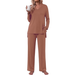 image:imagePOPYOUNG Womens Pajama Sets 2 Piece Lounge Set Sleepwear with PocketsBrown
