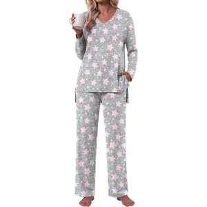 image:imagePOPYOUNG Womens Pajama Sets 2 Piece Lounge Set Sleepwear with PocketsFl Pink Star Grey