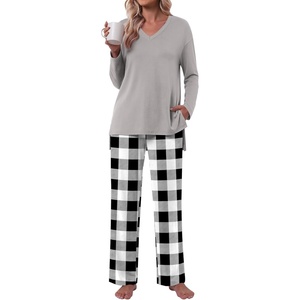 image:imagePOPYOUNG Womens Pajama Sets 2 Piece Lounge Set Sleepwear with PocketsGrey  Black White Plaid 02