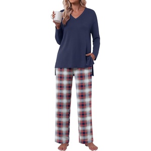 image:imagePOPYOUNG Womens Pajama Sets 2 Piece Lounge Set Sleepwear with PocketsNavy  Red Blue Plaid